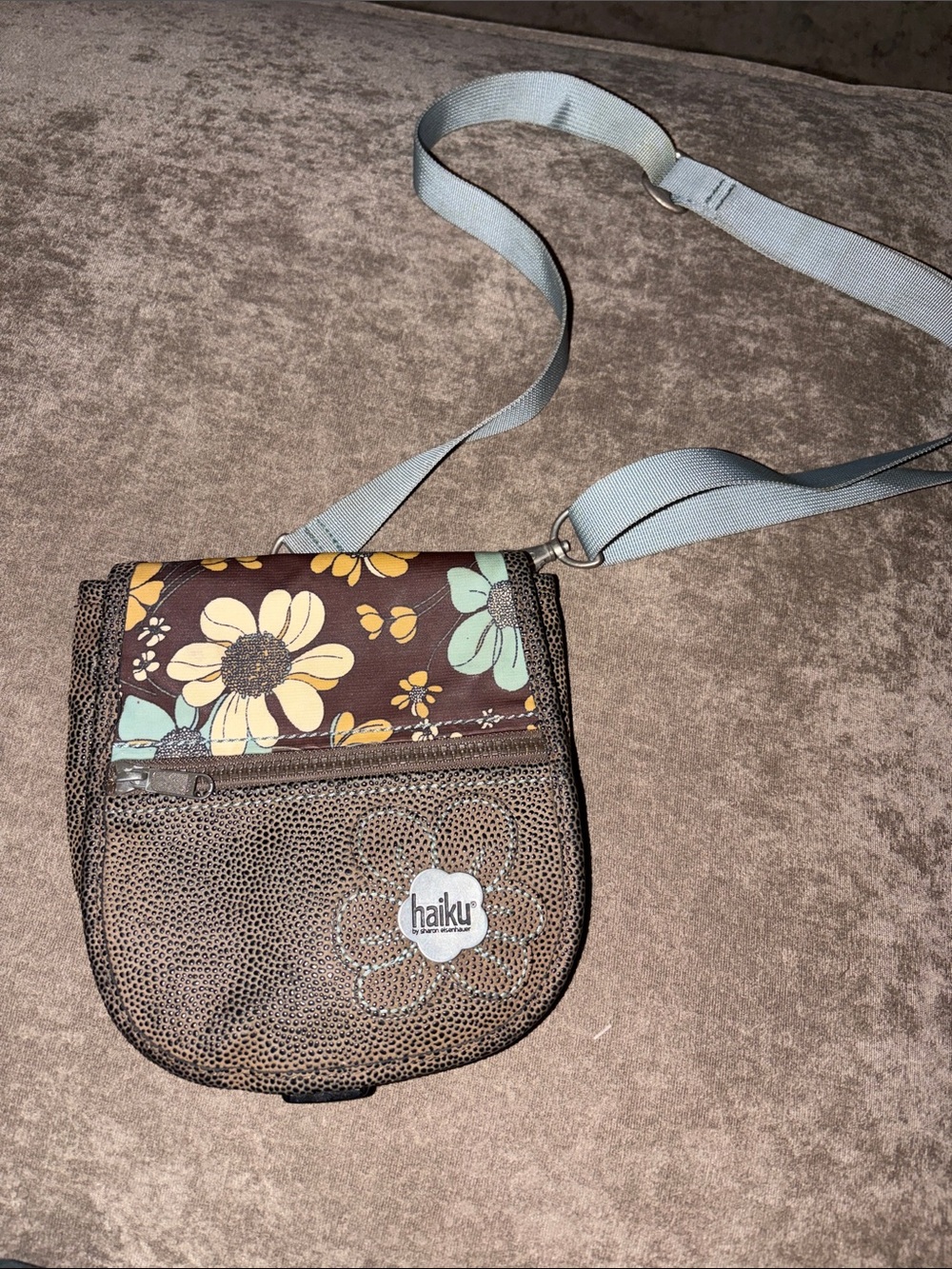 Haiku Brown Floral Crossbody with Light Blue Strap